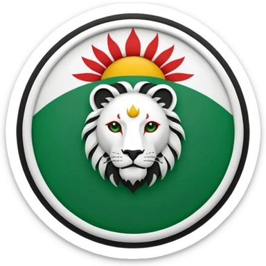 Minimalist black and white emblem emoji, inspired by the Faravahar symbol. Centered Lion and Sun emblem of Iran colored in green, white, and red like the Iranian flag. Circular design, clean simple lines, suitable for small size sticker
