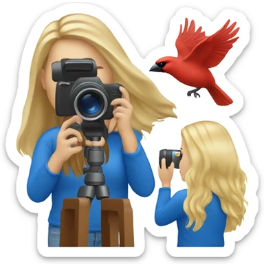 Long hair blonde girl with camera taking pictures of cardinals and blue jays sticker