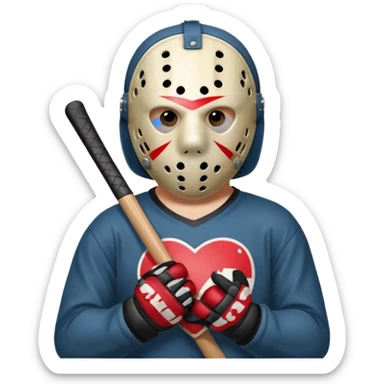 a cartoon image of Jason Voorhees, looking cute, with his hands clasped in front of him, at a sideways angle, looks like he is in love sticker