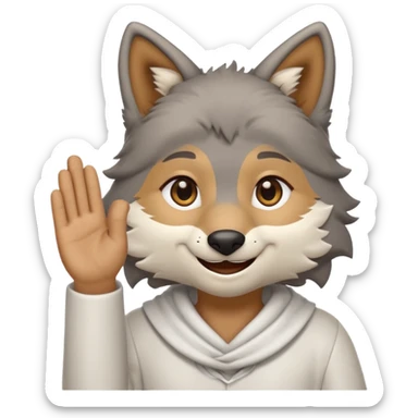 gray wolf furry with brown eyes, white dishdasha, smiling, right hand showing, emoji style icon sticker