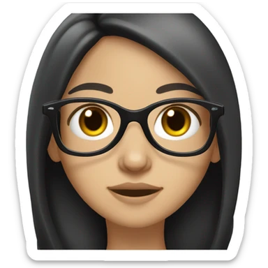 white girl with long black hair, dark brown eyes, glasses sticker