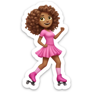 Girl with brown curly hair roller skating in pink  sticker