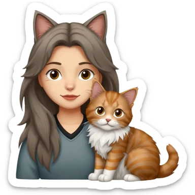 Emojis de una chica de pelo castaño largo sujetando un gatito gordo peludo mainecoon de colores gris negro y marrón  sticker