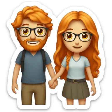 girl with long orange hair holding hands with boy with a beard and glasses sticker