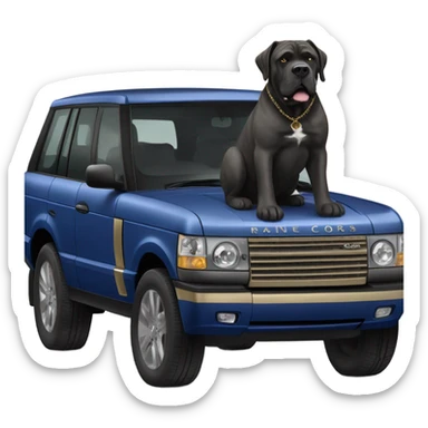 A Cane Corso driving a gold and blue Range Rover. sticker
