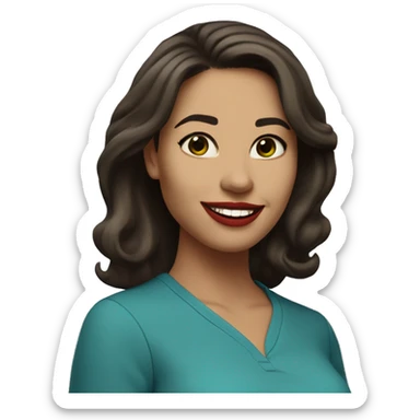 A headshot of a cheerful woman in her 30s with light skin, shoulder-length dark brown hair, and a round face with prominent cheekbones. She has dark green eyes, full lips with red lipstick, and a warm, friendly smile. She's wearing a blue shirt. sticker