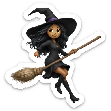 dark long hair witch flying on a broom white skin sticker