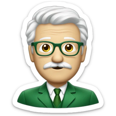 meester frank visser white hair, white mustache and glasses. Nice green suite sticker