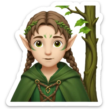 forest elf, brown braid, green cloak, gentle expression sticker