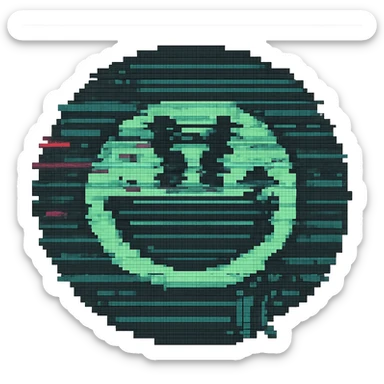 Add animated static lines to the smiley face with digital glitch effects in pixel art style, keeping the background transparent. Maintain the pixelated look and glitchy effect with static lines animation. sticker