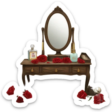 Old wood vanity with dead red roses vintage makeup and perfume  sticker