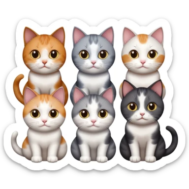 4 different coloured short haired cats including; a dark brown and white cat, and a dark grey and white, and a calico sticker