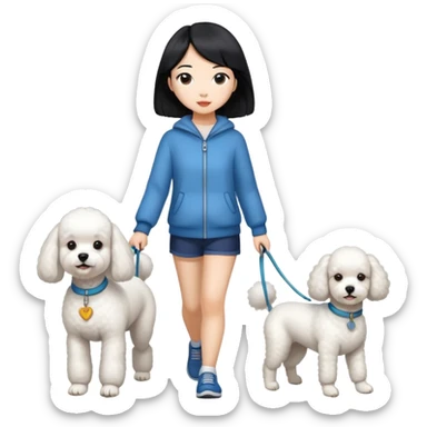 white dog (one poodle) walking with owner (Asian girl with straight black hair) sticker