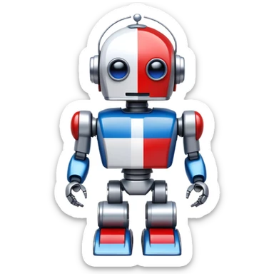 Robot with blue, white, and red Russian flag colors on its metallic body sticker