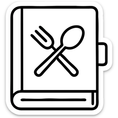 Closed cookbook with a fork and spoon symbol on the cover – collection of recipes sticker