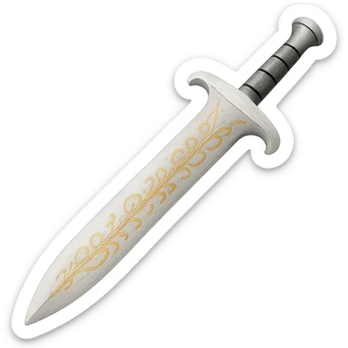 Recolor the sword to a very light metallic silver color with subtle, elegant gold engravings. The gold tone and style should match the provided silver shield reference, with a soft gold that is not too yellow or green. Transparent background. sticker