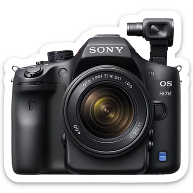 Minimal camera with 'Sony' text on the body, simple DSLR shape with small lens and Sony logo clearly visible sticker