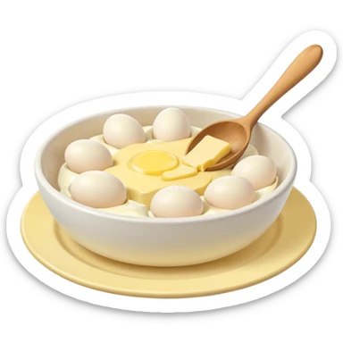 a dozen eggs, a ceramic mixing bowl with a wooden spoon and a plate of butter sticker
