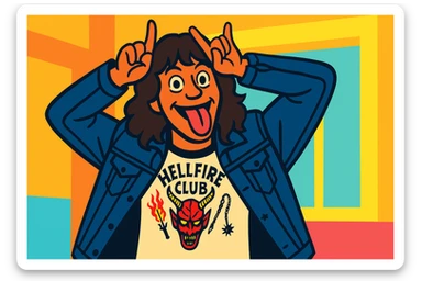 Eddie Munson from Stranger Things in vibrant toon style, wide aspect ratio (16:9), making a playful face with hands as horns and tongue out, inspired by the reference image. Use lighter, vivid colors and dark outlines. sticker