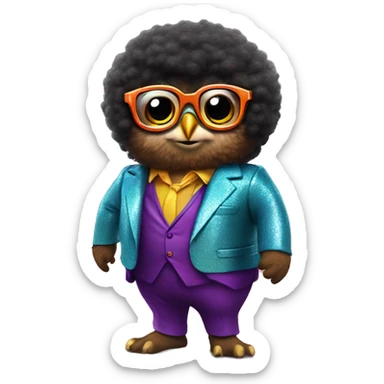 A chubby A brown owl with a black Afro and groovy glasses and a colorful disco suit doing a disco pose sticker