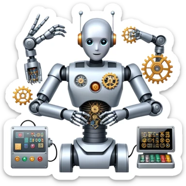 An icon featuring a humanoid robot assembling parts with robotic arms, surrounded by gears, circuit boards, and sensors, symbolizing robotics. The design includes a control panel and AI interface, representing automation, engineering, and innovation. Transparent background. sticker