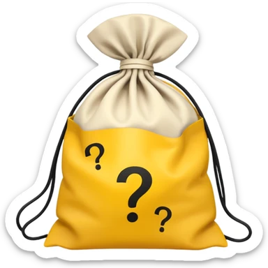 tied bag printed with q&a overstuffed with yellow question marks sticker