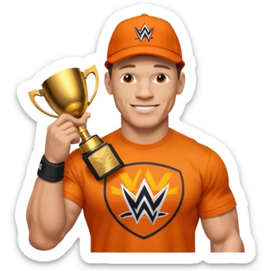 John Cena in orange cap and tshirt with wwe championship sticker