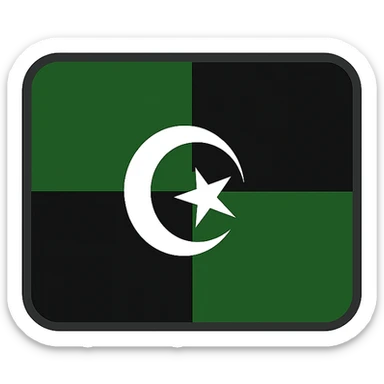 Redraw this flag as a simple, clear, minimal emoji icon with four quadrants in black and dark green background, and a white crescent and star in the center. The style should be minimal and clean with transparent background. sticker