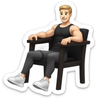 Pale skinned Fit Man With the biceps and dark brown hair in black shirt, gray sports shorts and white Sneakers Sitting on a chair sticker