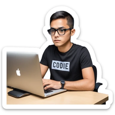 Un homme développeur de teint noir, assis à un bureau moderne avec un ordinateur portable allumé devant lui, écran affichant du code en exécution. Il porte une tenue casual (t-shirt sombre ou chemise simple), lunettes élégantes optionnelles. Expression concentrée, lumière douce venant de l’écran.  sticker