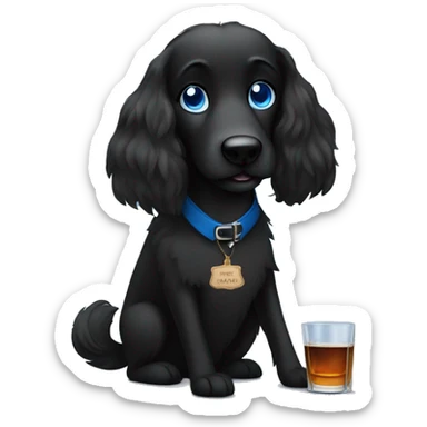 Long haired black dog with blue eyes sipping whiskey at a party sticker
