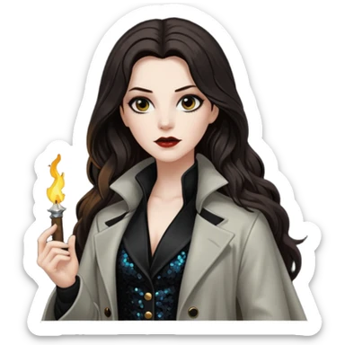 Van Helsing with long dark brown hair, black sequin outfit sticker