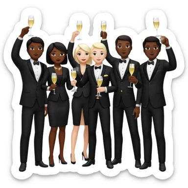 Un equipo cin trajes negros, personas blancos y negros de ventas celebrando un logro con un brindis. El fondo negro totalmente  sticker