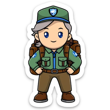 white woman park ranger with gray and brown hair, blue eyes, wearing a backpack sticker