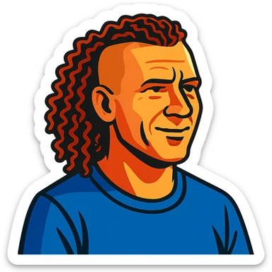 white man in his 40s with long tight curly hair and short sides sticker