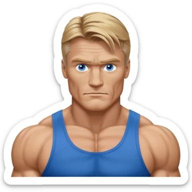 Dolph Lundgren with blue eyes, dark blonde hair, muscle body sticker