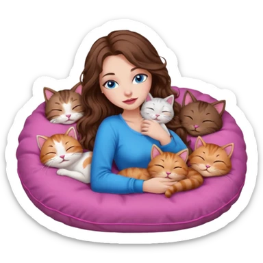 girl with long wavy brown hair, blue eyes, long lashes makeup, sexy pink lips, sleeping on a cozy pillow with 6 cats sticker
