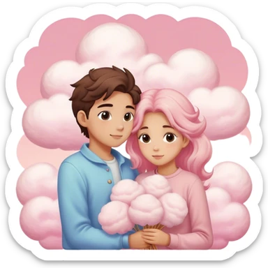 A young man and woman embrace on fluffy, cotton candy-like pink clouds, their faces hidden. They have wheat-toned skin, creating a dreamy, fairytale atmosphere. sticker