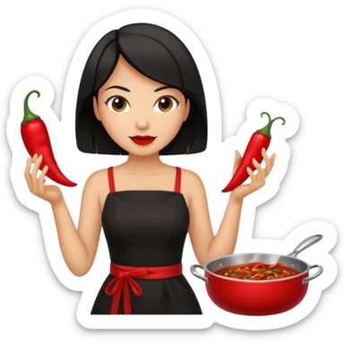 black short shoulder length hair tanned woman, black dress cooking, holding chili pepper sticker