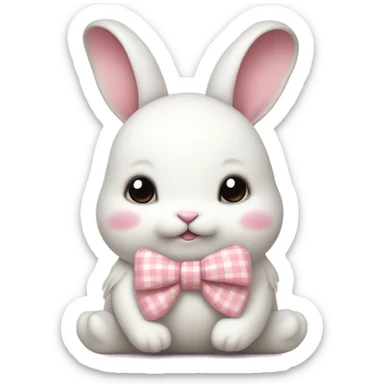 Adorable fluffy white rabbit with pastel pink gingham bow sticker