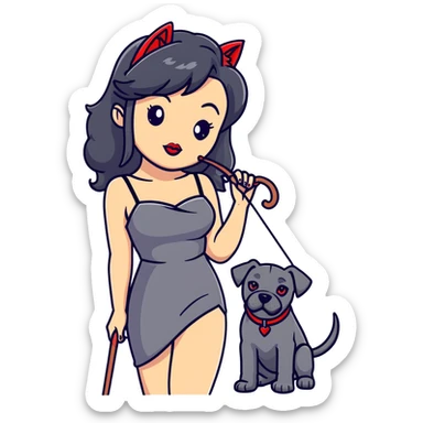 Fashionable woman in sling dress with long black hair, big red lips, and Cane Corso dog ears and short tail sticker