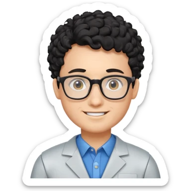 a boy robotics teacher, with black curly short hair, wearing glasses sticker