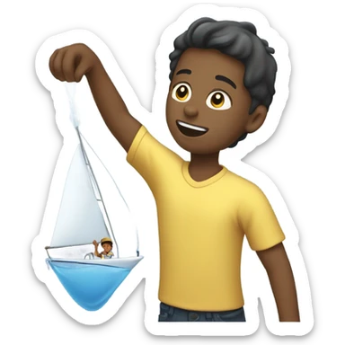 boy pouring water from a hose onto a sailboat  sticker