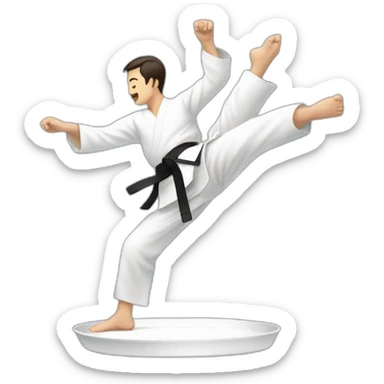 A man doing taekwondo, kicking, and on his foot there is a plate sticker