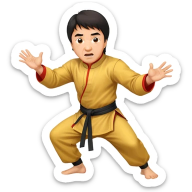 Jackie Chan in kung fu pose with his classic surprised expression, martial arts stance sticker