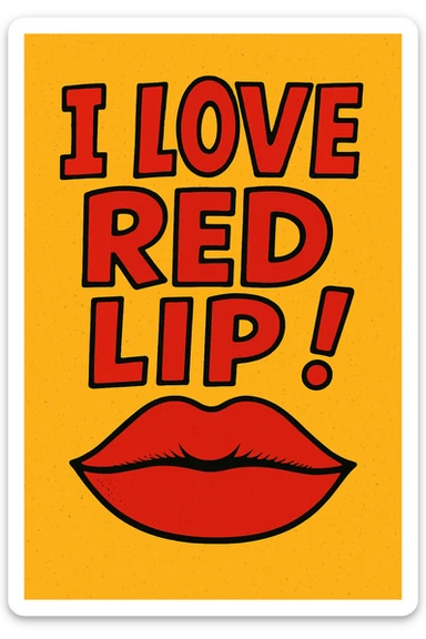 stylized mouth with closed lips, matte red lipstick, and the words 'I love red lip!' in a playful, eye-catching layout sticker