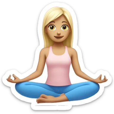 blonde with bangs and blue eyes yoga girl light pink clothes sitting on yoga mat sticker