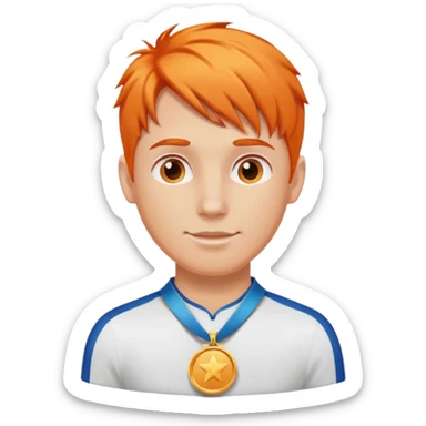 a orange-haired guy with a silver medal sticker