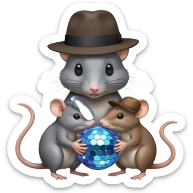 A black rat wearing a fedora being hugged by a grey rat in a fedora and a brown rat wearing a fedora holding a disco ball sticker