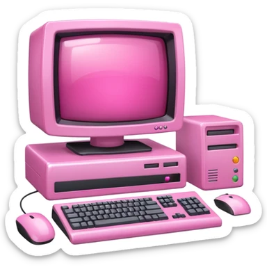 shiny pink translucent 90s computer with CRT monitor, keyboard, PC tower, mouse sticker